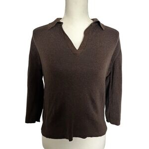 Joseph A. Women's Brown Metallic Silk Blend Collared V-Neck Pullover Sweater‎ XL
